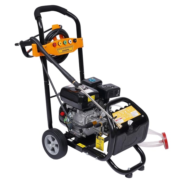 Højtryksrenser - Benzindrevet 7,5 hk 180 bar - 3400 rpm - Dyser i ingeniørplast - Kobbertilslutninger - Hus i legering - 5–10 m slange - Orange