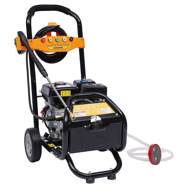 Højtryksrenser - Benzindrevet 7,5 hk 180 bar - 3400 rpm - Dyser i ingeniørplast - Kobbertilslutninger - Hus i legering - 5–10 m slange - Orange