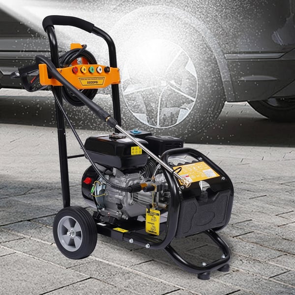Højtryksrenser - Benzindrevet 7,5 hk 180 bar - 3400 rpm - Dyser i ingeniørplast - Kobbertilslutninger - Hus i legering - 5–10 m slange - Orange