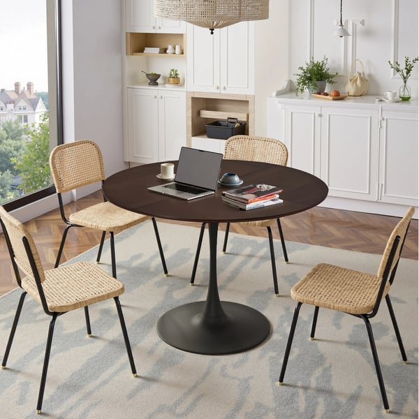 Rundt spisebord 120 cm - Moderne - Firedelt patchwork-bordplade i egfarvet træstruktur - Metalstel - Minimalistisk - Brun