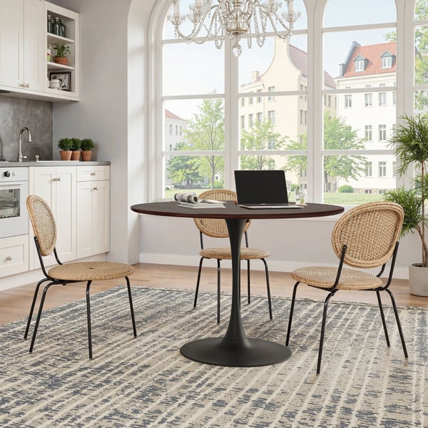 Rundt spisebord 120 cm - Moderne - Firedelt patchwork-bordplade i egfarvet træstruktur - Metalstel - Minimalistisk - Brun