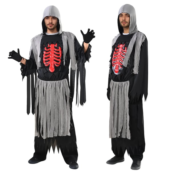 Børne Halloweenkostume - Døden/Grim Reaper Kostume - Lysende røde øjne - Hættekappe - Med le - Str. L - Guld