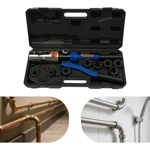 Hydraulisk krimptångssats - Pressverktyg - Presskraft 10 ton - Sju Matriser - Slaglängd 20 mm - Max Ø 28 mm - Handhållen - Blå