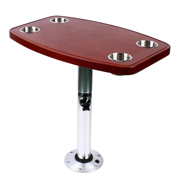 Bord til campingvogn/autocamper - Campingbord med justerbart ben - 600×380 mm - 4 kopholdere - Højde 56,5–72 cm - Bordtykkelse 3 cm - Eg