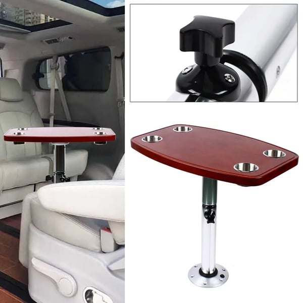 Bord til campingvogn/autocamper - Campingbord med justerbart ben - 600×380 mm - 4 kopholdere - Højde 56,5–72 cm - Bordtykkelse 3 cm - Eg
