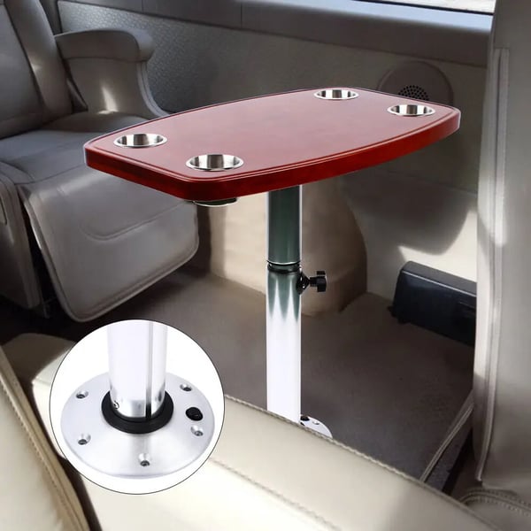 Bord til campingvogn/autocamper - Campingbord med justerbart ben - 600×380 mm - 4 kopholdere - Højde 56,5–72 cm - Bordtykkelse 3 cm - Eg
