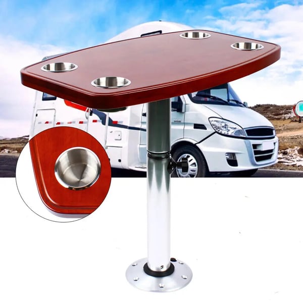 Bord til campingvogn/autocamper - Campingbord med justerbart ben - 600×380 mm - 4 kopholdere - Højde 56,5–72 cm - Bordtykkelse 3 cm - Eg
