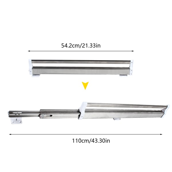 Udtrækkelig buksebøjle til garderobe - Teleskopskinne - Længde 54,2–110 cm - 18–20 bukser - Mindst 25 kg - Stål/rustfrit stål/ABS