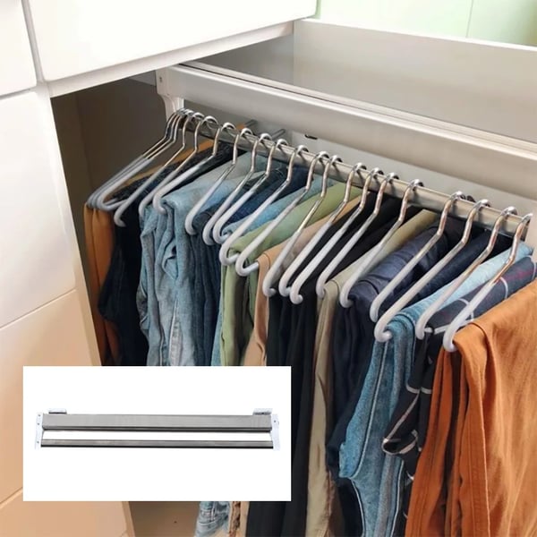 Udtrækkelig buksebøjle til garderobe - Teleskopskinne - Længde 54,2–110 cm - 18–20 bukser - Mindst 25 kg - Stål/rustfrit stål/ABS