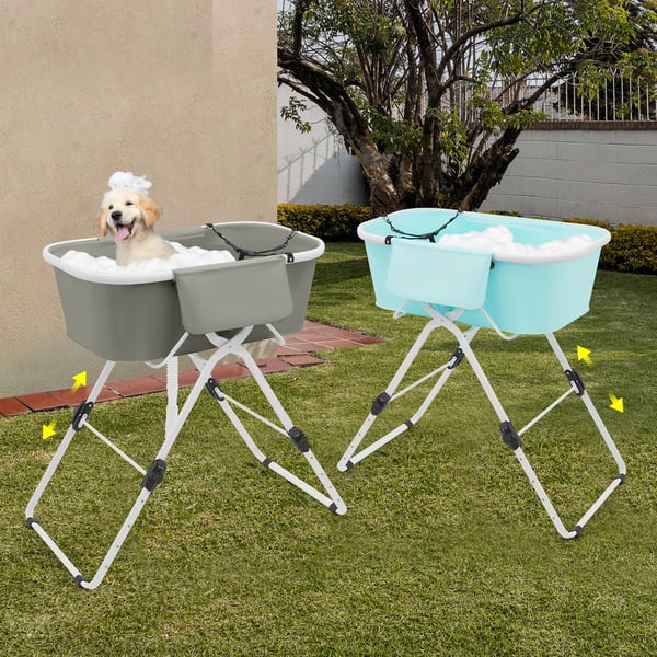 Hundebadekar - Foldbart kæledyrsbadekar - Højdejusterbart 70–100 cm (5 niveauer) - Bæreevne 68 kg - PVC & jern - Til små og mellemstore hunde/katte