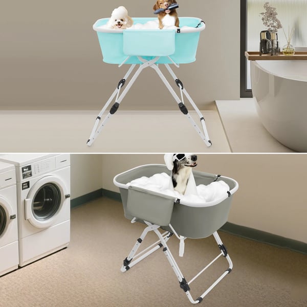 Hundebadekar - Foldbart kæledyrsbadekar - Højdejusterbart 70–100 cm (5 niveauer) - Bæreevne 68 kg - PVC & jern - Til små og mellemstore hunde/katte