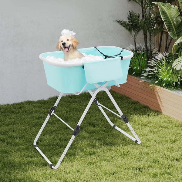 Hundebadekar - Foldbart kæledyrsbadekar - Højdejusterbart 70–100 cm (5 niveauer) - Bæreevne 68 kg - PVC & jern - Til små og mellemstore hunde/katte