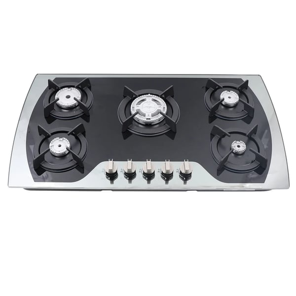 Gaskogeplade - Indbygning - 5 blus - 7 mm hærdet glas - LPG/NG - Batteridrevet pulstænding - Udskæring 830×470 mm - Sort