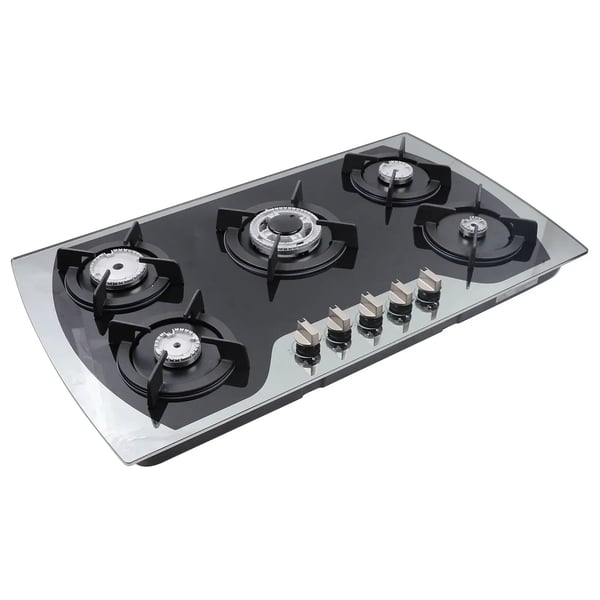 Gaskogeplade - Indbygning - 5 blus - 7 mm hærdet glas - LPG/NG - Batteridrevet pulstænding - Udskæring 830×470 mm - Sort