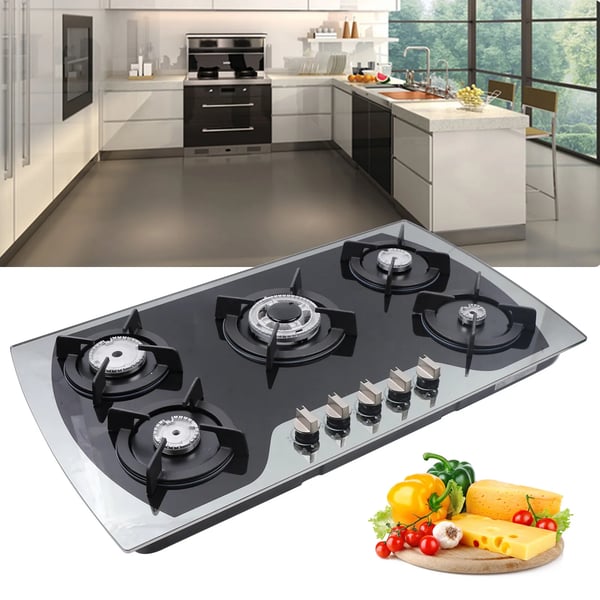 Gaskogeplade - Indbygning - 5 blus - 7 mm hærdet glas - LPG/NG - Batteridrevet pulstænding - Udskæring 830×470 mm - Sort