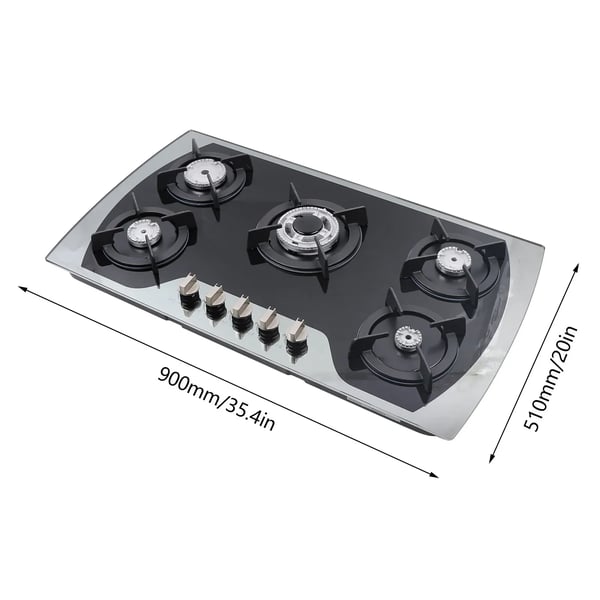 Gaskogeplade - Indbygning - 5 blus - 7 mm hærdet glas - LPG/NG - Batteridrevet pulstænding - Udskæring 830×470 mm - Sort