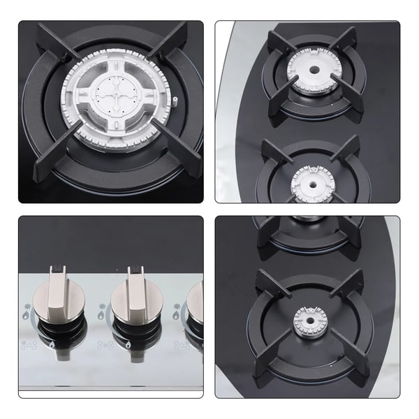 Gaskogeplade - Indbygning - 5 blus - 7 mm hærdet glas - LPG/NG - Batteridrevet pulstænding - Udskæring 830×470 mm - Sort