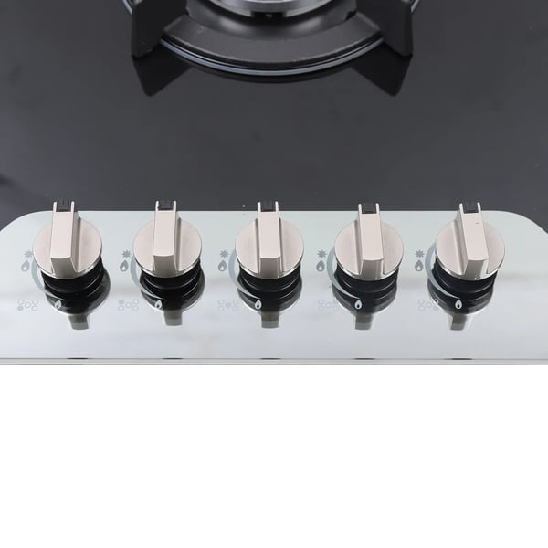 Gaskogeplade - Indbygning - 5 blus - 7 mm hærdet glas - LPG/NG - Batteridrevet pulstænding - Udskæring 830×470 mm - Sort