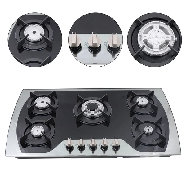 Gaskogeplade - Indbygning - 5 blus - 7 mm hærdet glas - LPG/NG - Batteridrevet pulstænding - Udskæring 830×470 mm - Sort