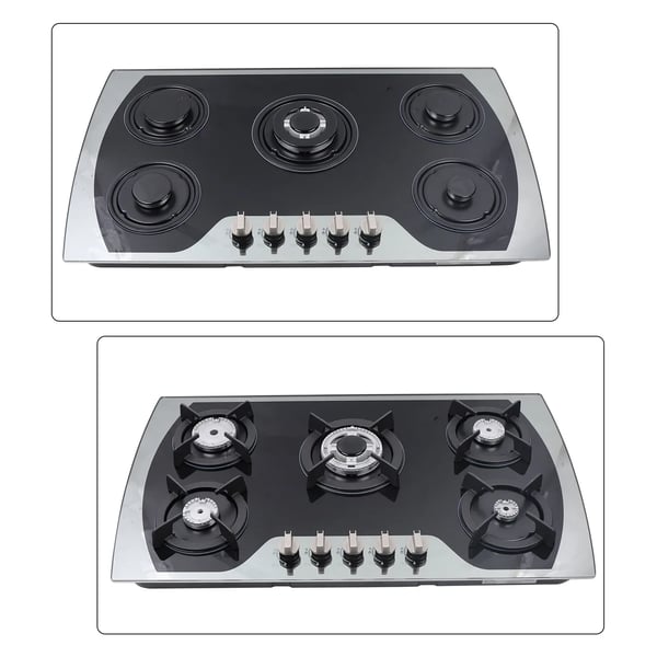 Gaskogeplade - Indbygning - 5 blus - 7 mm hærdet glas - LPG/NG - Batteridrevet pulstænding - Udskæring 830×470 mm - Sort