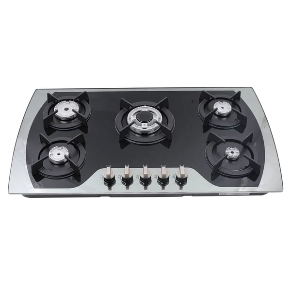Gaskogeplade - Indbygning - 5 blus - 7 mm hærdet glas - LPG/NG - Batteridrevet pulstænding - Udskæring 830×470 mm - Sort
