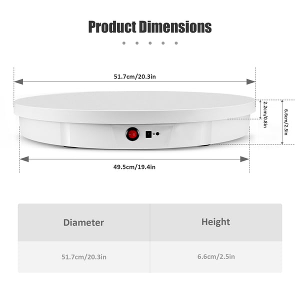 Elektrisk roterende displaystander - 360° drejeskive - Diameter 50 cm - Maks. Belastning 100 kg - Spejloverflade - Batteri - Hvid
