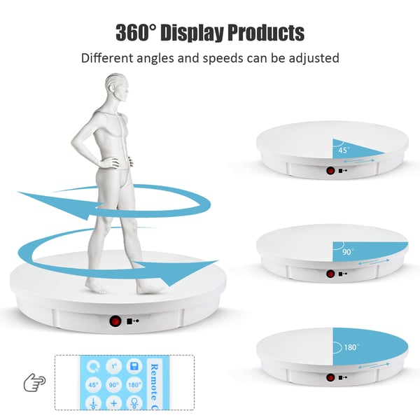 Elektrisk roterende displaystander - 360° drejeskive - Diameter 50 cm - Maks. Belastning 100 kg - Spejloverflade - Batteri - Hvid