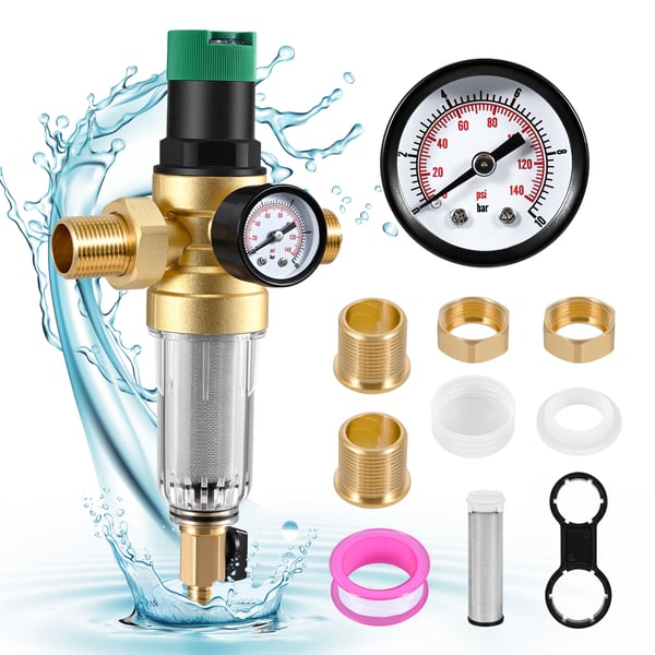 Vandtryksregulator - Trykreduktionsventil - Messing - Med Manometer - 1,9 cm Gevind - Justerbar - 240 V - Til Vandrenser/RO