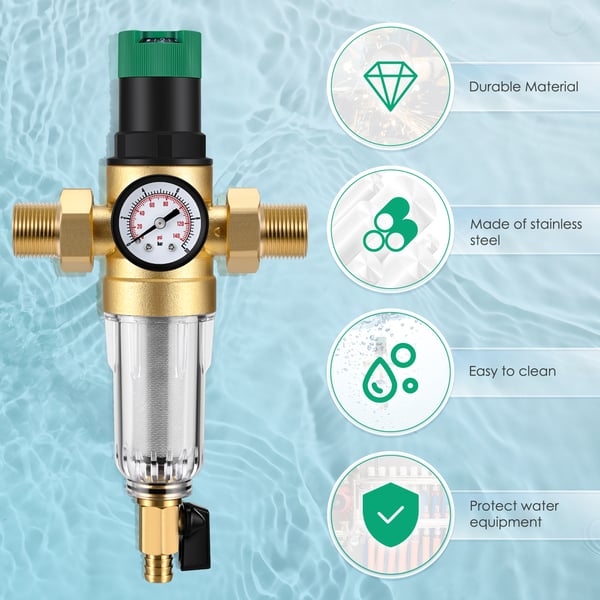 Vandtryksregulator - Trykreduktionsventil - Messing - Med Manometer - 1,9 cm Gevind - Justerbar - 240 V - Til Vandrenser/RO