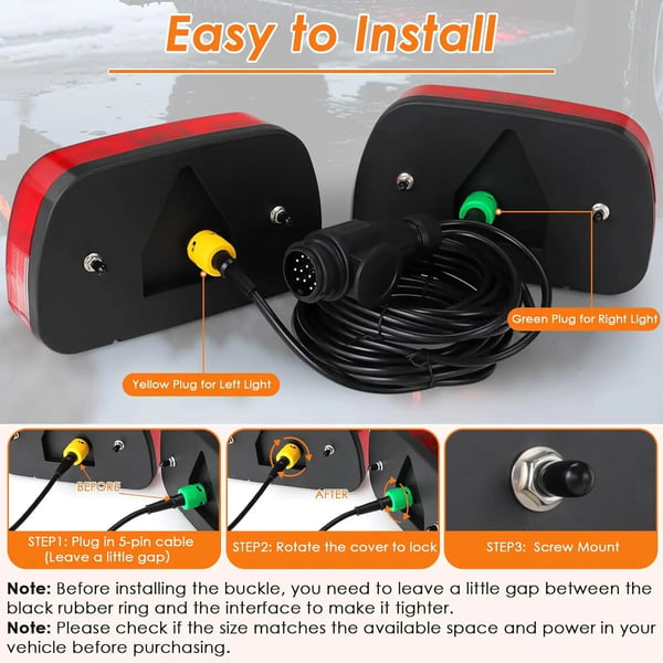 Baglygter til trailer - Baglygtesæt med ledningsnet - 2 stk - 12 V - 13-polet stik - 5,5 m kabel - 5-leder kabel - Bremselys