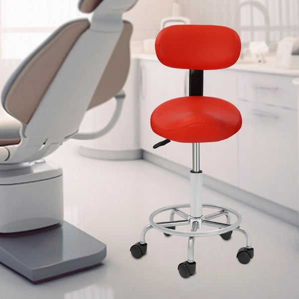 Työjakkara - Satulatuoli selkänojalla - Pyörillä - Korkeussäädettävä - 360° Kääntyvä - Ergonominen - Kantavuus 150 kg - Punainen