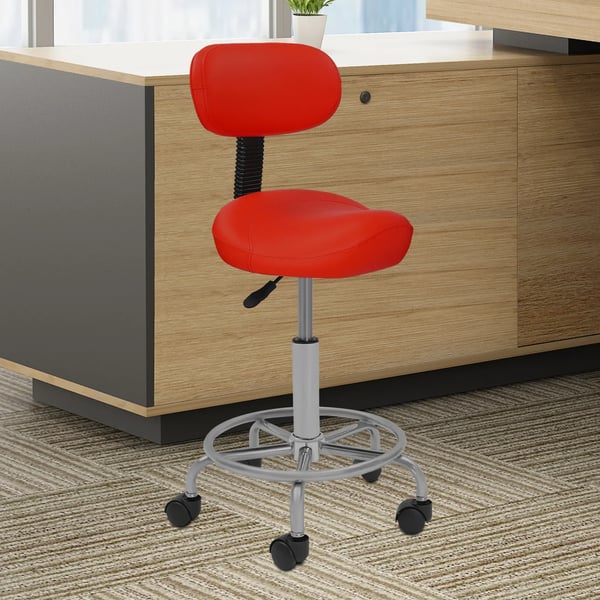 Työjakkara - Satulatuoli selkänojalla - Pyörillä - Korkeussäädettävä - 360° Kääntyvä - Ergonominen - Kantavuus 150 kg - Punainen