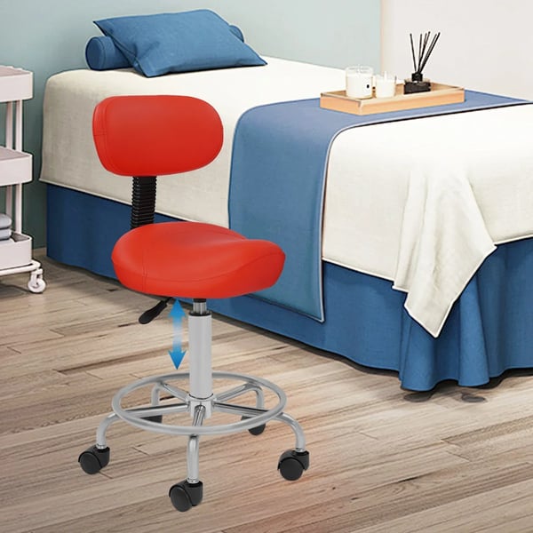 Työjakkara - Satulatuoli selkänojalla - Pyörillä - Korkeussäädettävä - 360° Kääntyvä - Ergonominen - Kantavuus 150 kg - Punainen