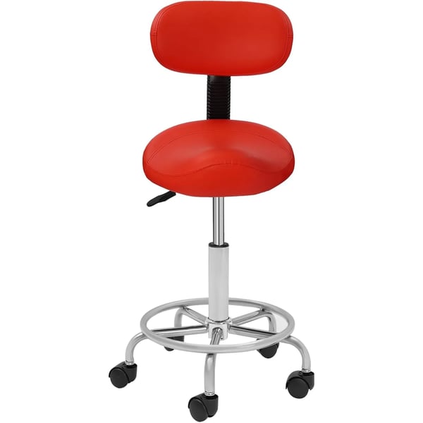 Työjakkara - Satulatuoli selkänojalla - Pyörillä - Korkeussäädettävä - 360° Kääntyvä - Ergonominen - Kantavuus 150 kg - Punainen