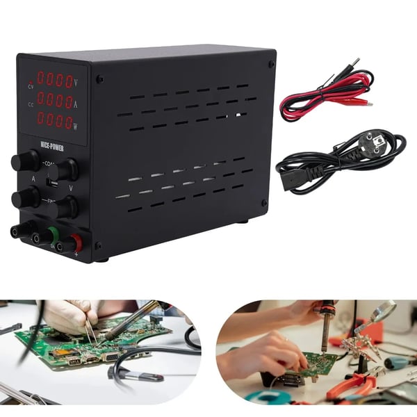 DC laboratorie strømforsyning - Justerbar switchmode strømforsyning - 0–30 V - 0–10 A - Stabiliseret udgang - Sort
