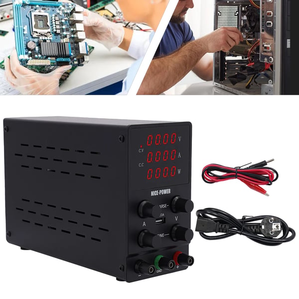 DC laboratorie strømforsyning - Justerbar switchmode strømforsyning - 0–30 V - 0–10 A - Stabiliseret udgang - Sort