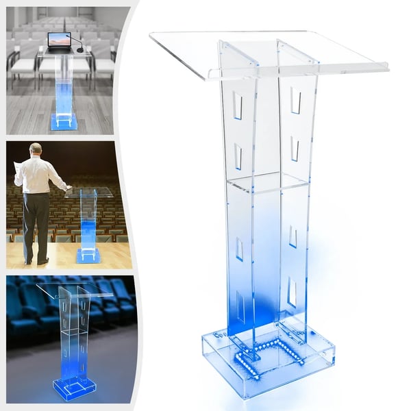 Podium & talerstol - Akryl med LED - 110 cm højde - 220 V - Til kirke, skole, events - Transparent