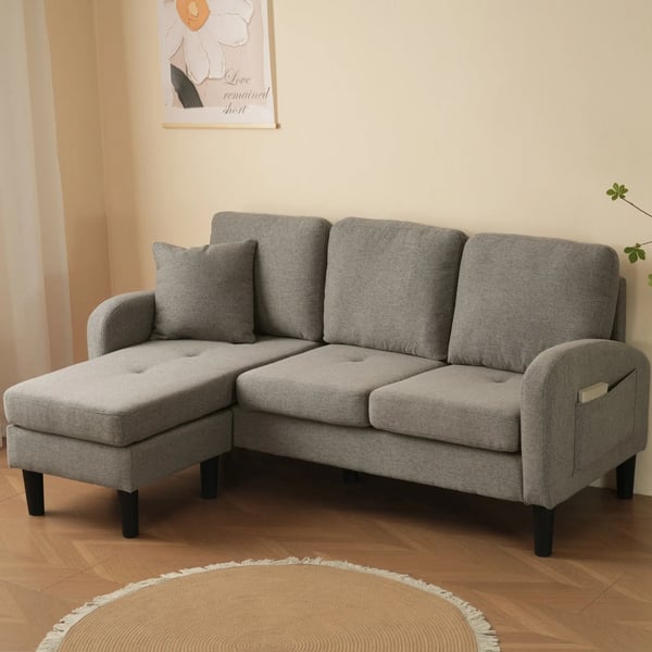 Hjørnesofa med chaiselong - 3-personers L-formet sofa - 166 x 118 x 77 cm - Åndbart bomuldsstof - Træramme - Moderne stil - Mørkegrå