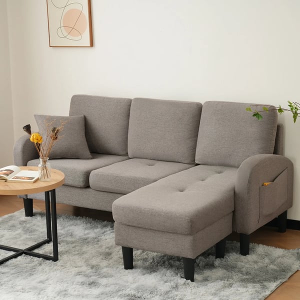 Hjørnesofa med chaiselong - 3-personers L-formet sofa - 166 x 118 x 77 cm - Åndbart bomuldsstof - Træramme - Moderne stil - Mørkegrå