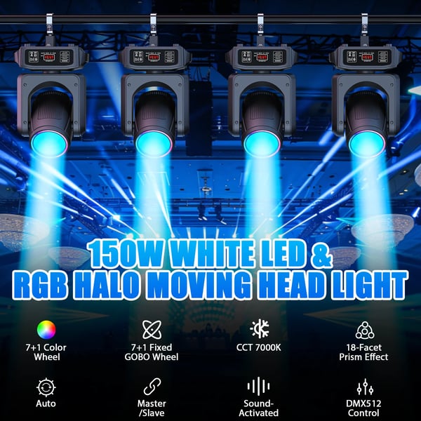LED Moving Head - 150W DMX Lavavalo - Valkoinen LED 80W + 21×0,3W RGB‑halo - 14 Kanavaa - Auto/Ääni/Master‑Slave - 90–240V - Lämmin valo