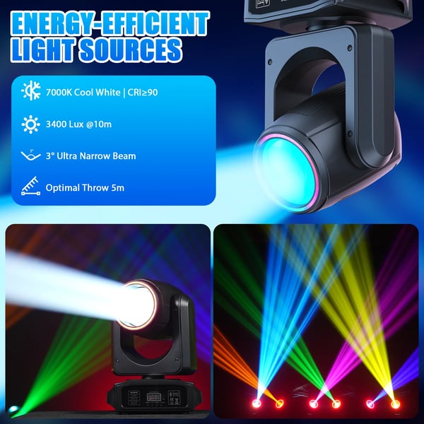 LED Moving Head - 150W DMX Lavavalo - Valkoinen LED 80W + 21×0,3W RGB‑halo - 14 Kanavaa - Auto/Ääni/Master‑Slave - 90–240V - Lämmin valo