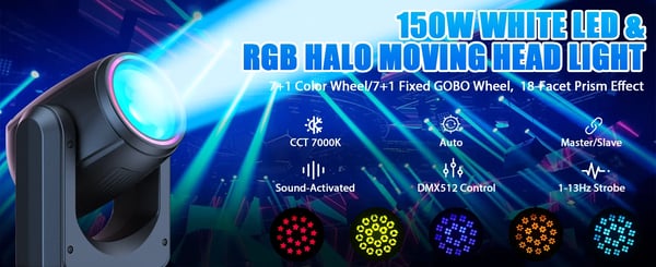 LED Moving Head - 150W DMX Lavavalo - Valkoinen LED 80W + 21×0,3W RGB‑halo - 14 Kanavaa - Auto/Ääni/Master‑Slave - 90–240V - Lämmin valo