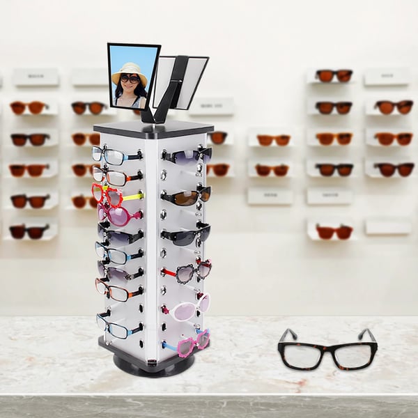 Solbrille displaystativ - Brilleholder - 360° Roterende - Højde 86 cm - Base Ø 23 cm - Holderlængde 6 cm - Bæreevne 10 kg - Grå