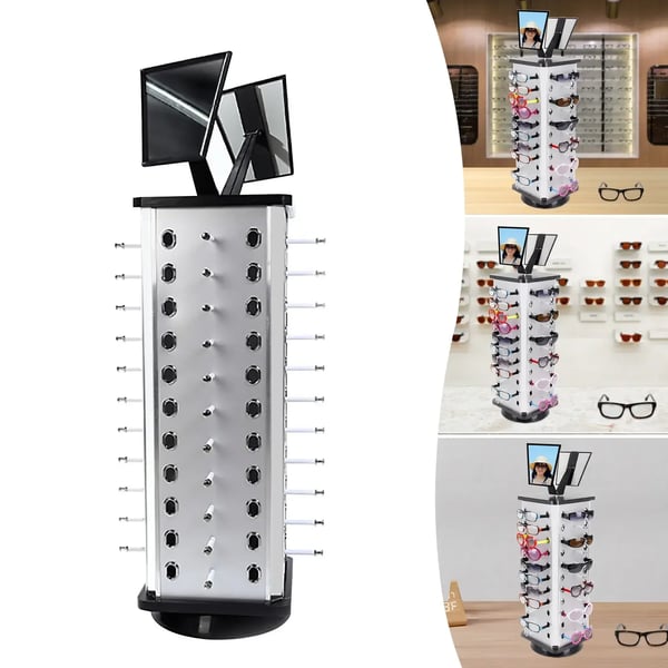 Solbrille displaystativ - Brilleholder - 360° Roterende - Højde 86 cm - Base Ø 23 cm - Holderlængde 6 cm - Bæreevne 10 kg - Grå