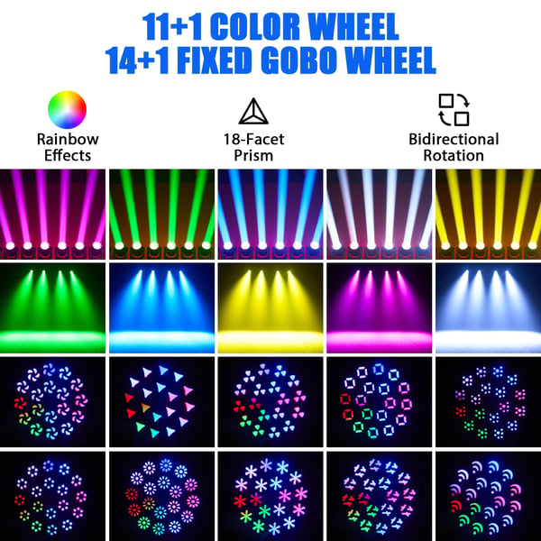 LED Moving Head Beam - Lavavalo - 200W - DMX512/RDM - 12 Väriä, 15 Goboa - 18-Fasettiprisma 360° - Zoom - Lämmin Valo