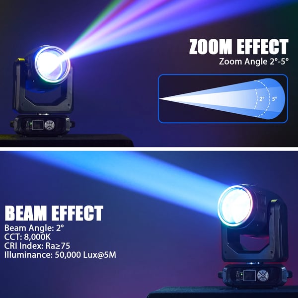 LED Moving Head Beam - Lavavalo - 200W - DMX512/RDM - 12 Väriä, 15 Goboa - 18-Fasettiprisma 360° - Zoom - Lämmin Valo