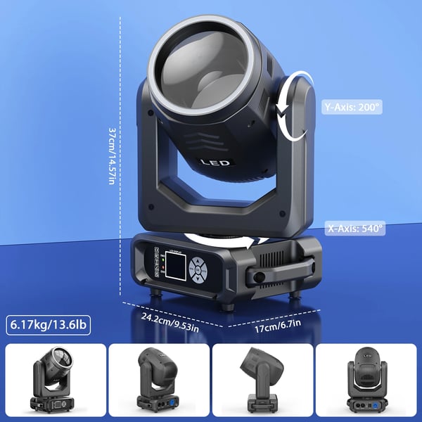 LED Moving Head Beam - Lavavalo - 200W - DMX512/RDM - 12 Väriä, 15 Goboa - 18-Fasettiprisma 360° - Zoom - Lämmin Valo