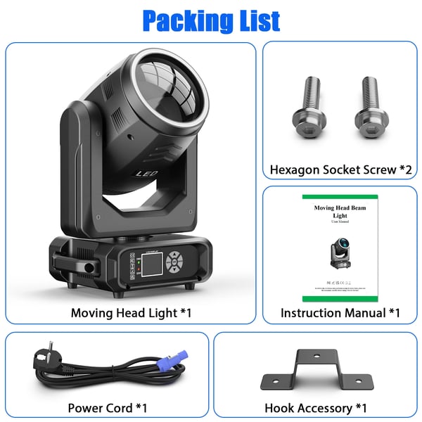 LED Moving Head Beam - Lavavalo - 200W - DMX512/RDM - 12 Väriä, 15 Goboa - 18-Fasettiprisma 360° - Zoom - Lämmin Valo