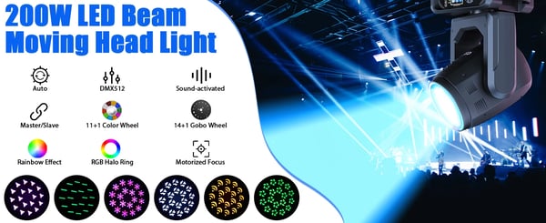 LED Moving Head Beam - Lavavalo - 200W - DMX512/RDM - 12 Väriä, 15 Goboa - 18-Fasettiprisma 360° - Zoom - Lämmin Valo