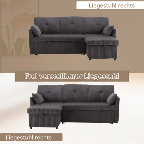 Multifunktionel hjørnesovesofa - L-formet 3-personers - Udtræksseng - Opbevaring - Vendbar chaiselong - Fløjl - Bredde under 200 cm - Mørkegrå